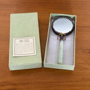 Hand Mirror Jade Handle Hand Painted Porcelain Lady W/Box Chinoiserie Decor